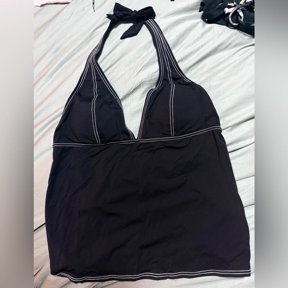 Black Halter Tankini bathing suit Top with White Stitching.